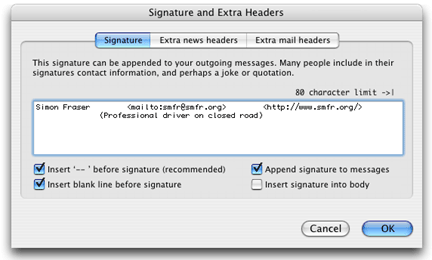 The Signature and Headers dialog