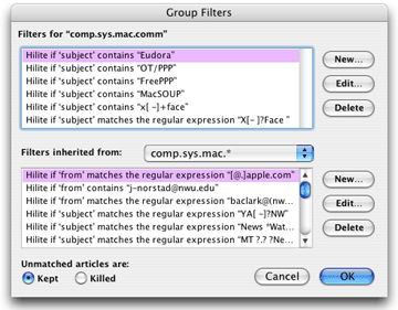 The groups filter dialog