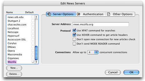 The news servers dialog